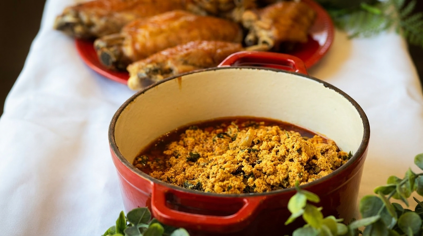 A red pot of egusi soup with chicken in the background on a white tablecloth.