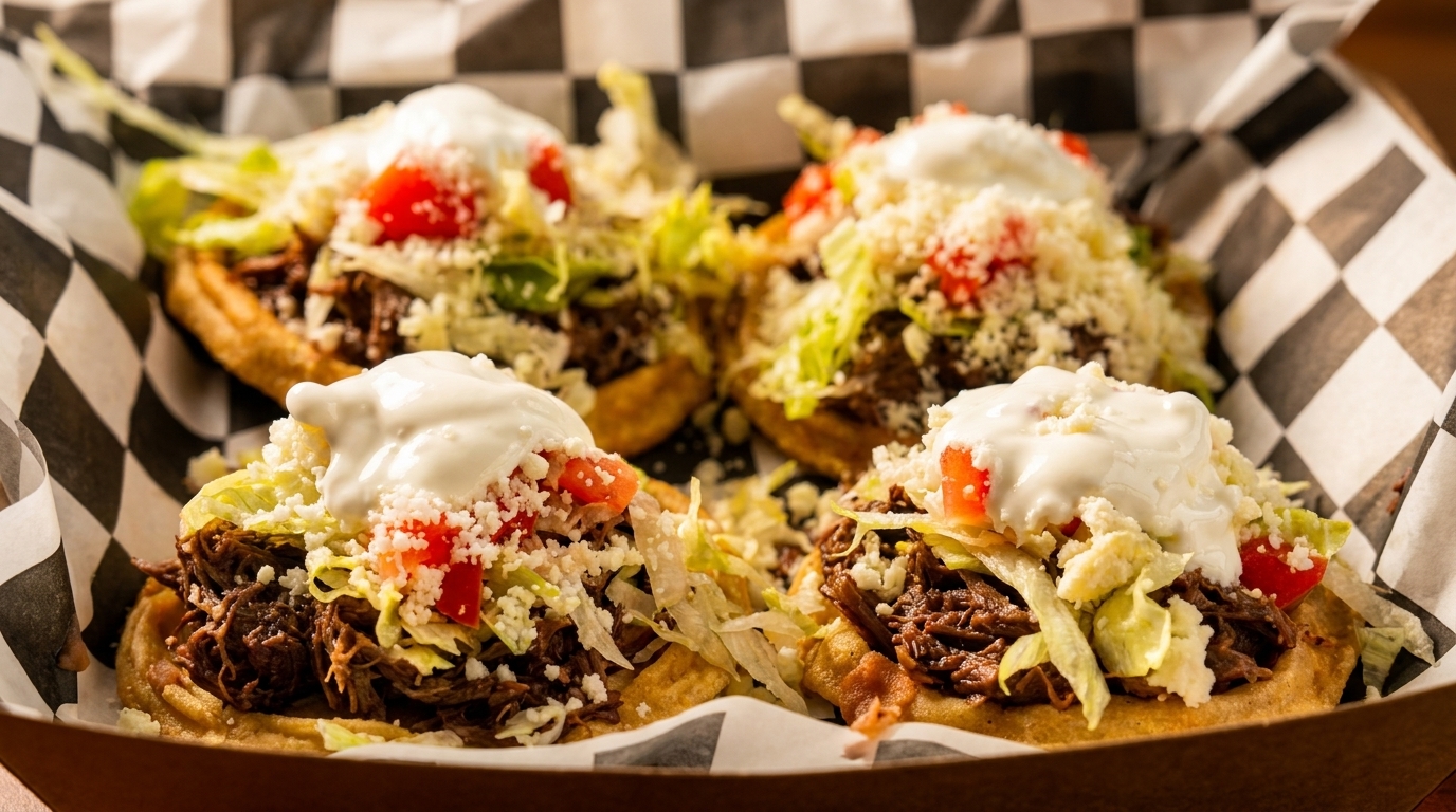 Four sopes with shredded beef, lettuce, tomatoes, crumbled cheese, and sour cream in a checkered basket.