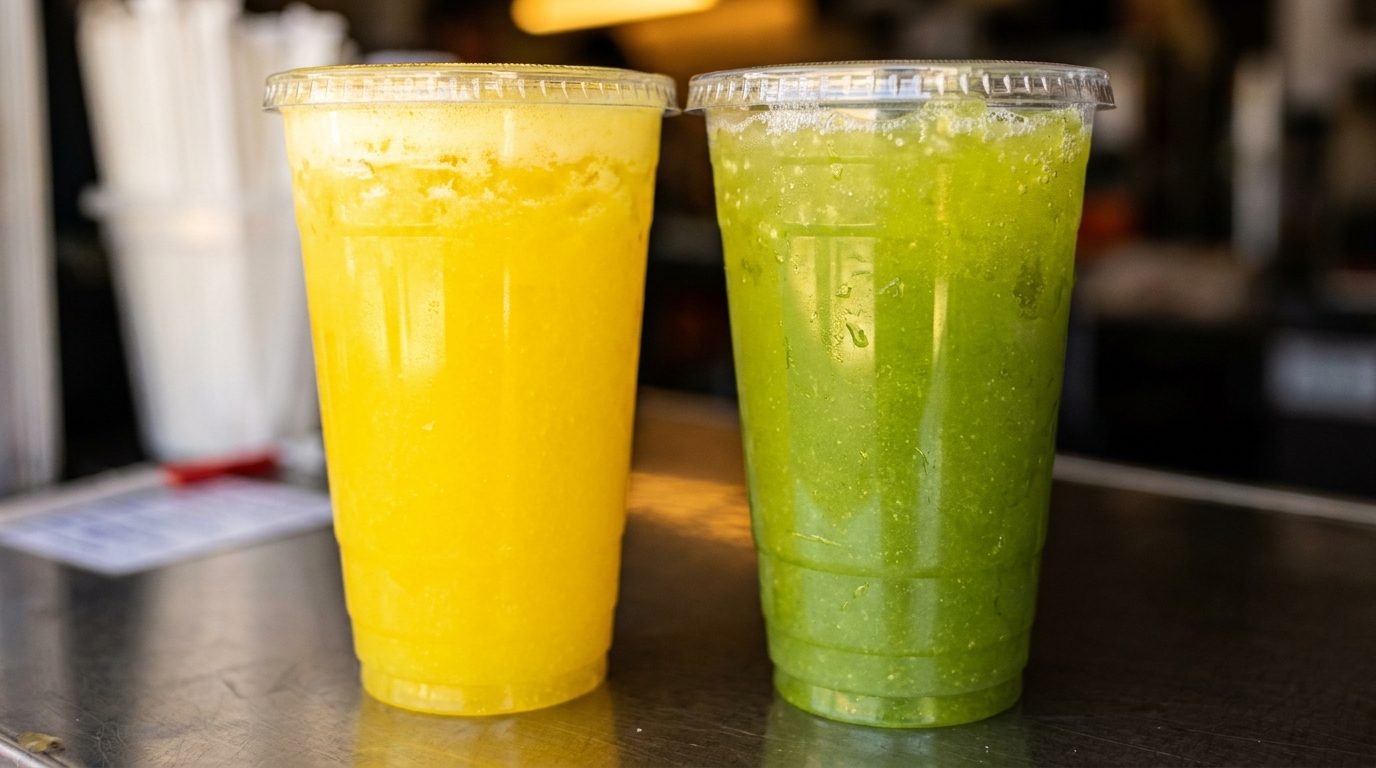 Two plastic cups, one with yellow juice and one with green juice, on a counter.