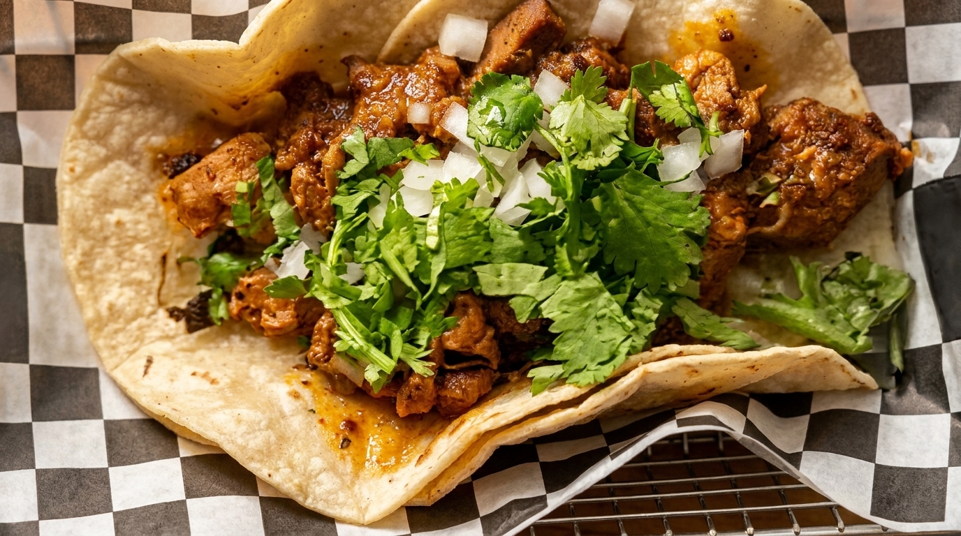 Close-up of a taco with seasoned meat, cilantro, and diced onions on a checkered paper liner.