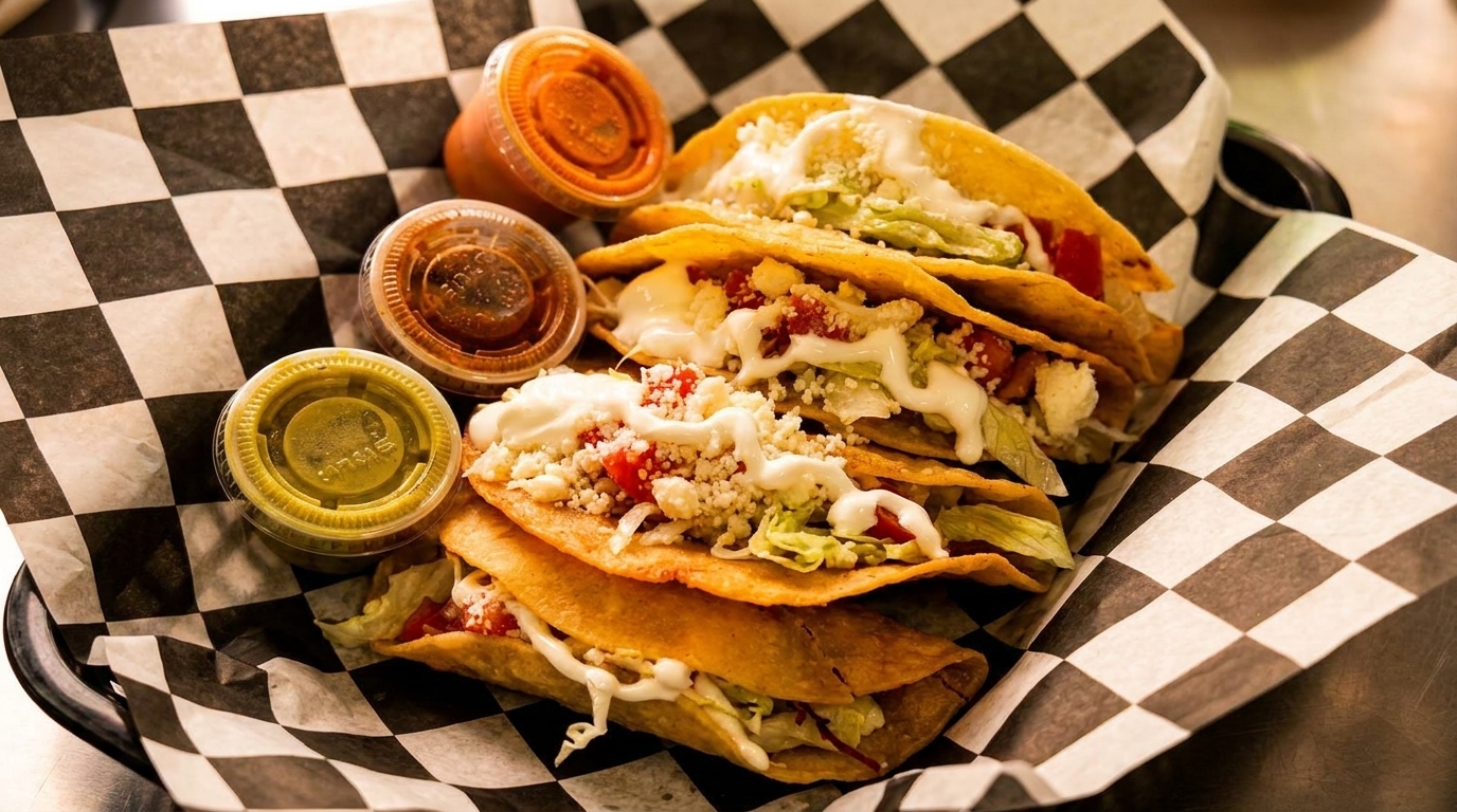 Four crispy tacos with lettuce, tomato, cheese, and sour cream, served with three sauces.