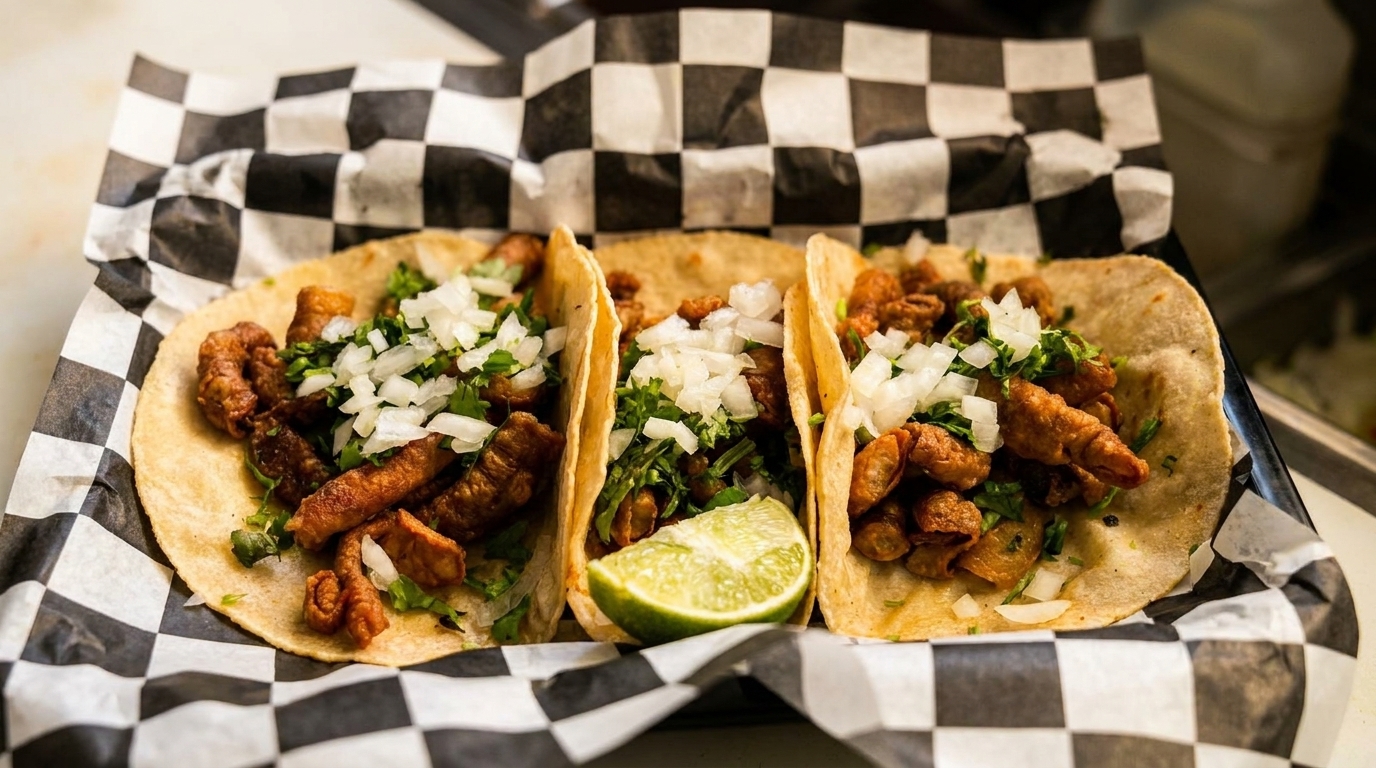 Three street tacos with meat, cilantro, onions, and a lime wedge on checkered paper.