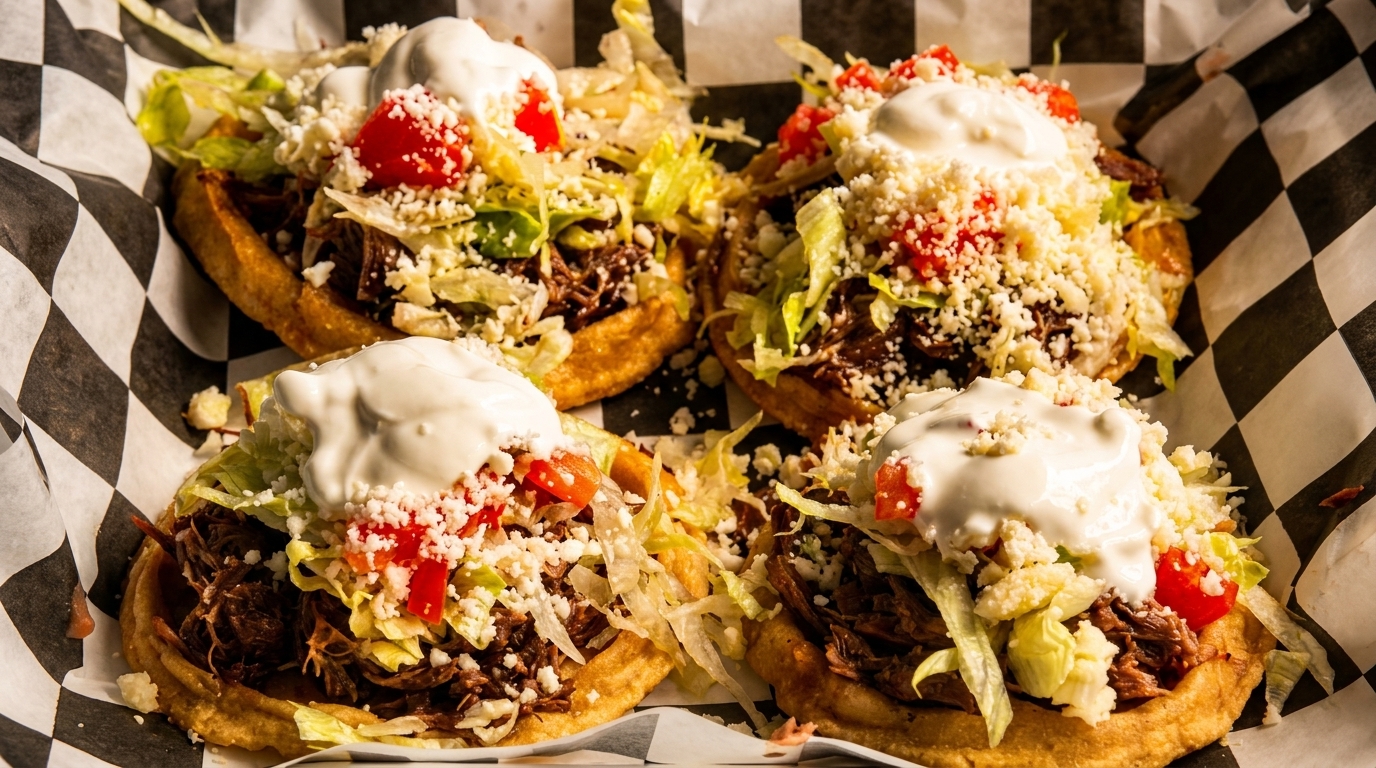 Four sopes with shredded meat, lettuce, tomatoes, cheese, and sour cream in checkered paper.