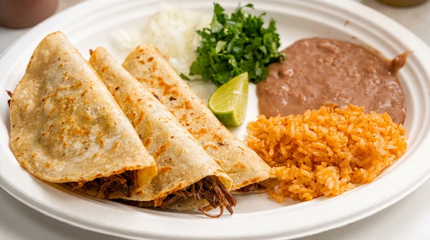 Three crispy tacos with shredded beef, rice, refried beans, cilantro, onions, and a lime wedge.