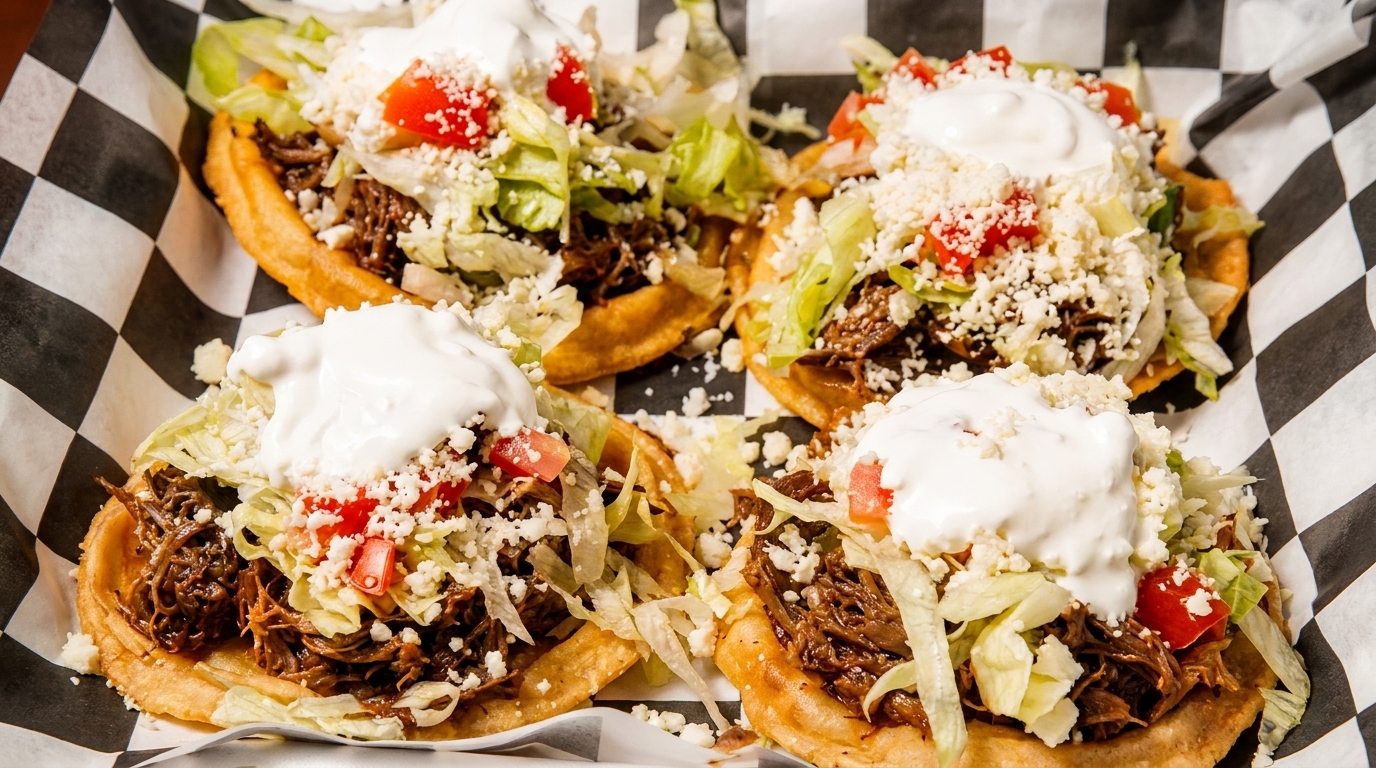 Four sopes with shredded beef, lettuce, tomatoes, crumbled cheese, and sour cream on checkered paper.