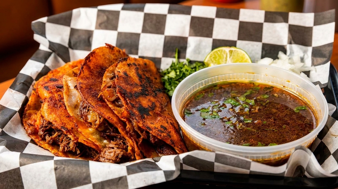 Birria tacos with consommé, cilantro, onions, and lime in a checkered paper-lined basket.
