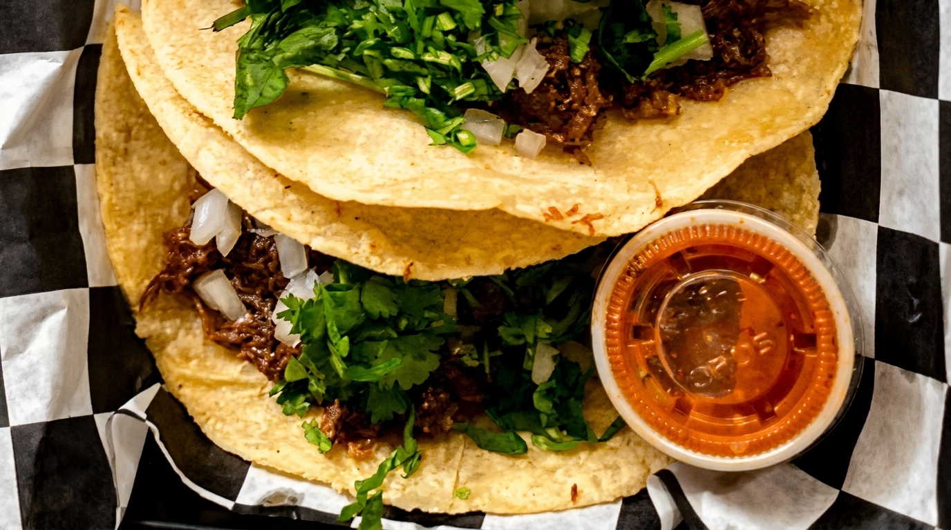 Two beef tacos with cilantro and onions, served with a side of red salsa.