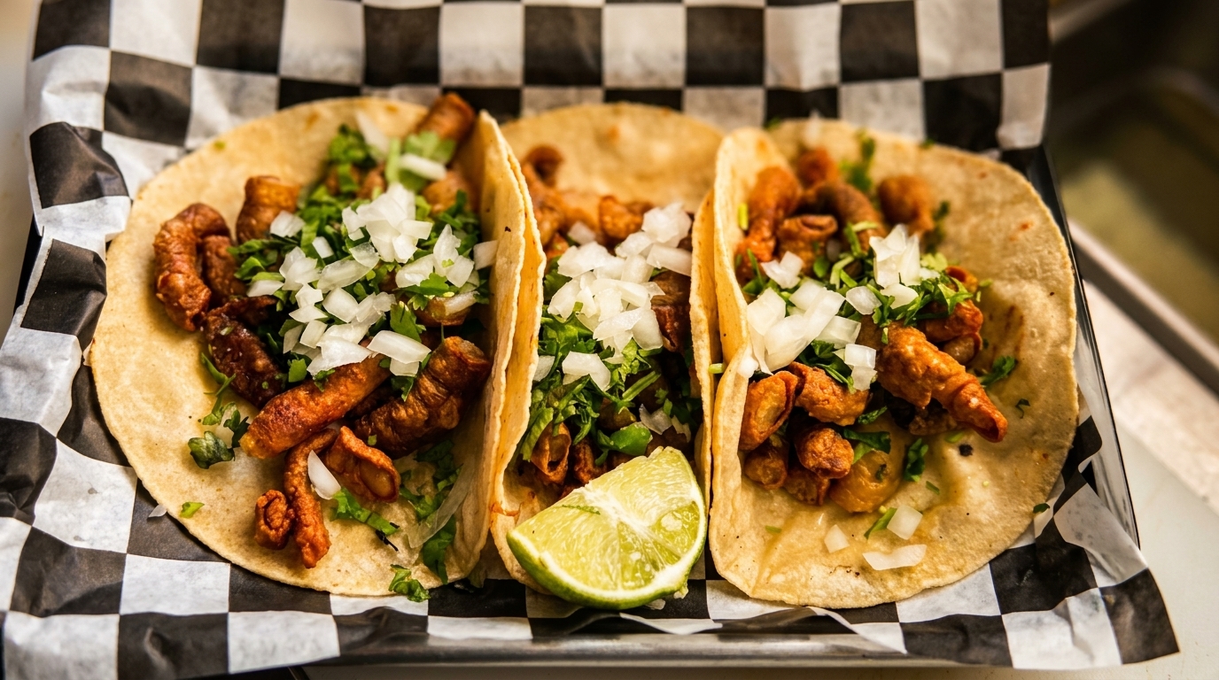 Three street tacos with crispy pork, cilantro, and diced onions, served with a lime wedge.