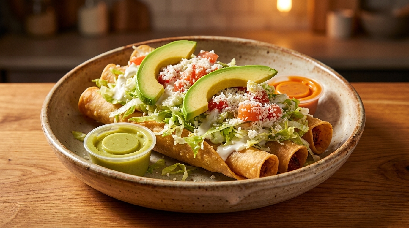 Crispy taquitos topped with shredded lettuce, diced tomatoes, cotija cheese, avocado slices, and sauces.