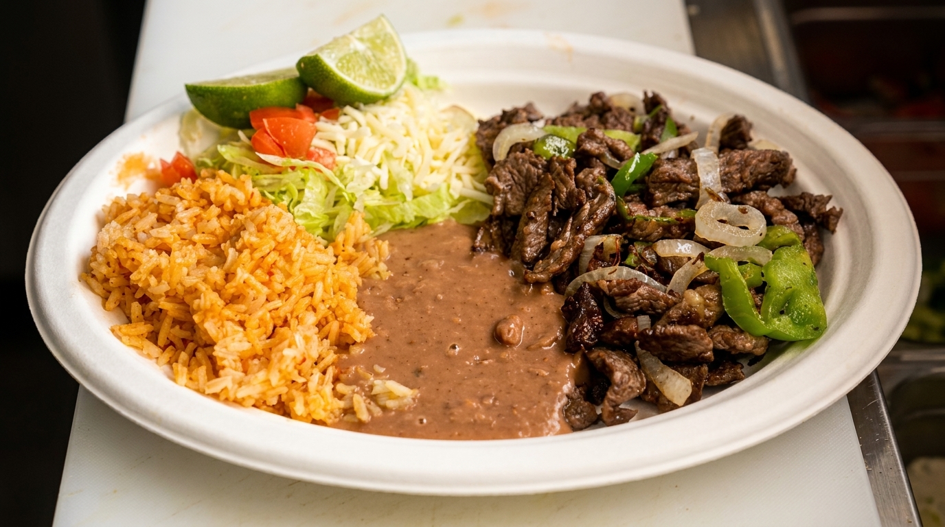 A white plate holds carne asada with onions and peppers, refried beans, rice, and a salad.