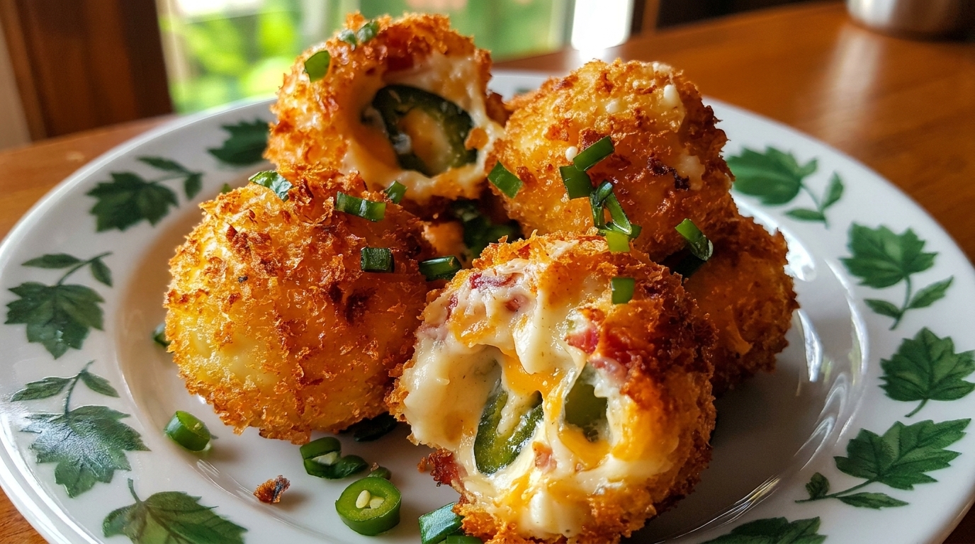 Golden-brown fried jalapeño poppers, one cut open to show melted cheese and green pepper, on a leaf-patterned plate.