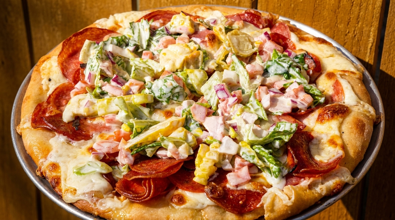 Pepperoni pizza topped with a fresh salad of lettuce, red onion, corn, and ham on a wooden table.