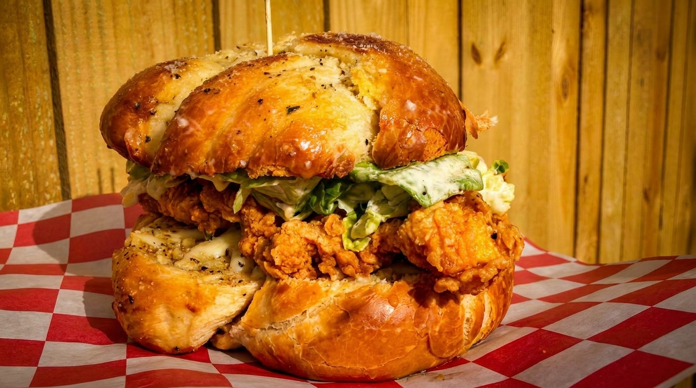 A large fried chicken sandwich with lettuce and sauce on a pretzel bun, on red and white checkered paper.