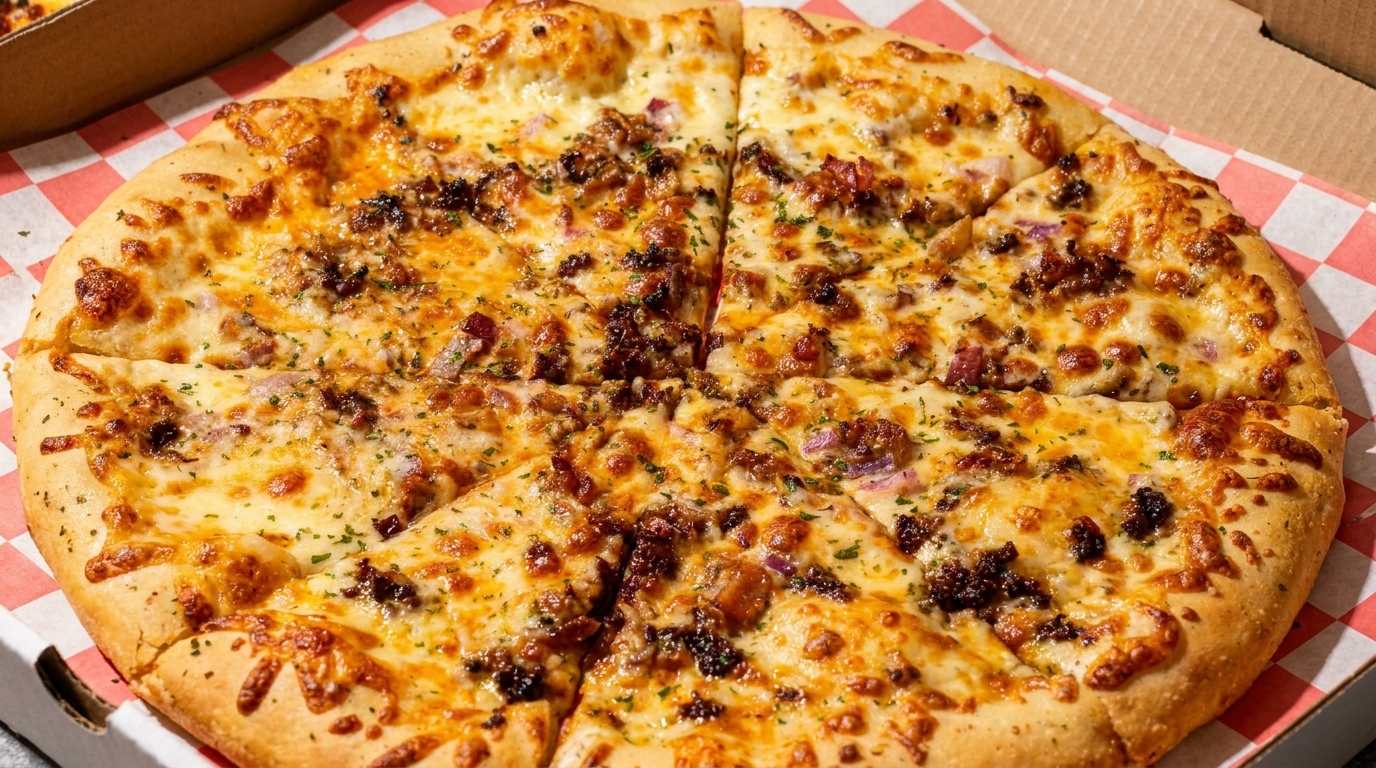 A close-up of a whole pizza with melted cheese, sausage, red onions, and parsley in a box.