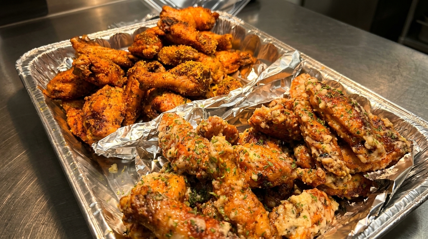 Two foil trays filled with different flavored chicken wings, one with a dry rub, the other with a creamy sauce.