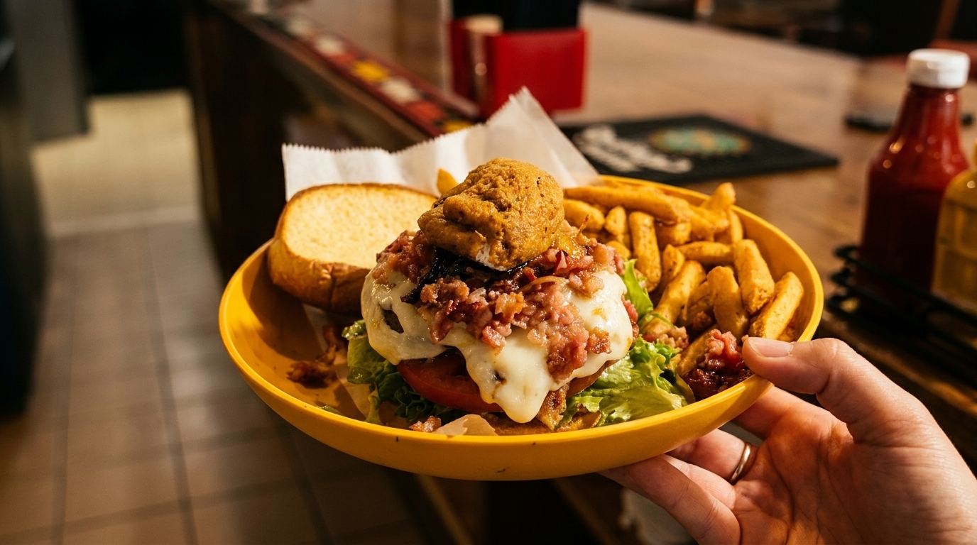 Hand holding a yellow plate with a burger, fries, and toasted bread at a restaurant.