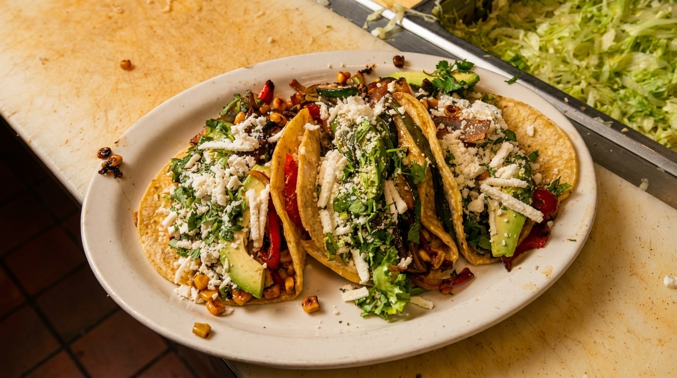 Three vibrant tacos filled with vegetables, avocado, and cheese, on a white plate in a kitchen.