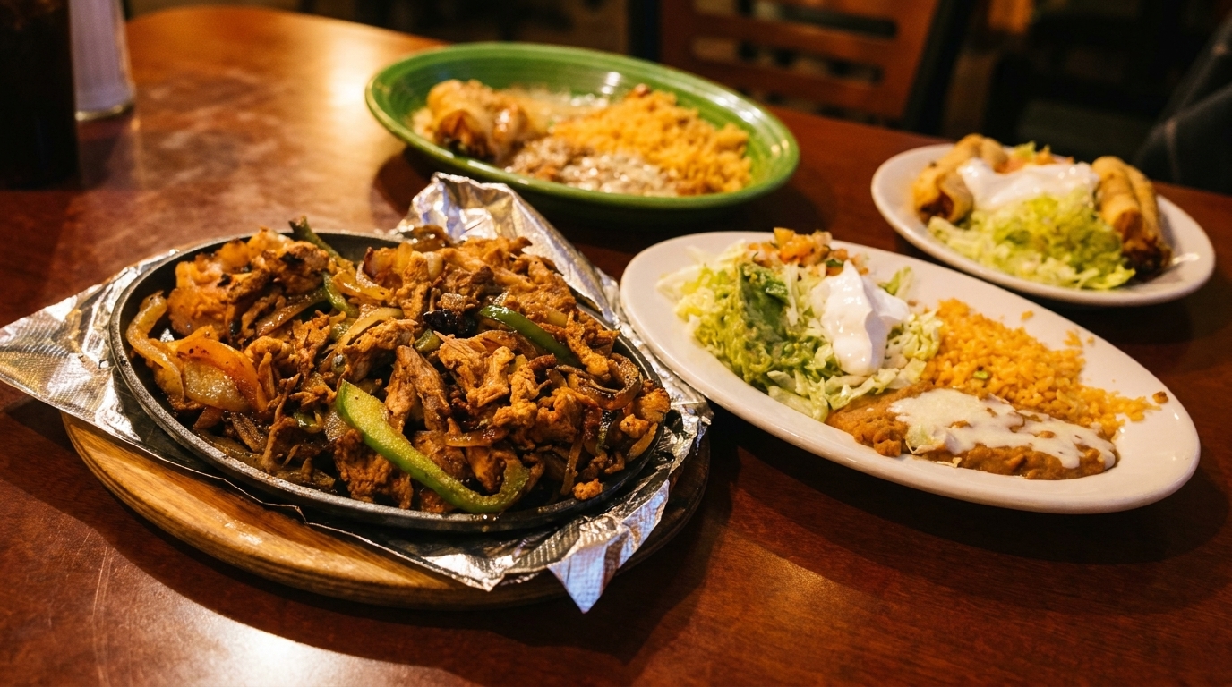 A sizzling platter of fajitas, with sides of rice, beans, and tacos on a wooden table.