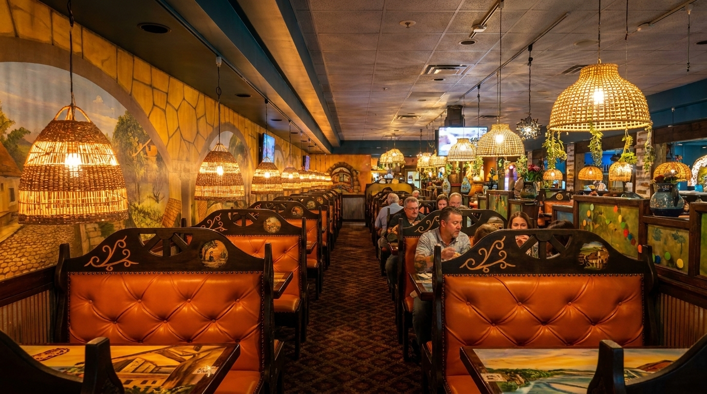 A vibrant restaurant interior with orange booths, woven lamps, and murals, filled with dining patrons.