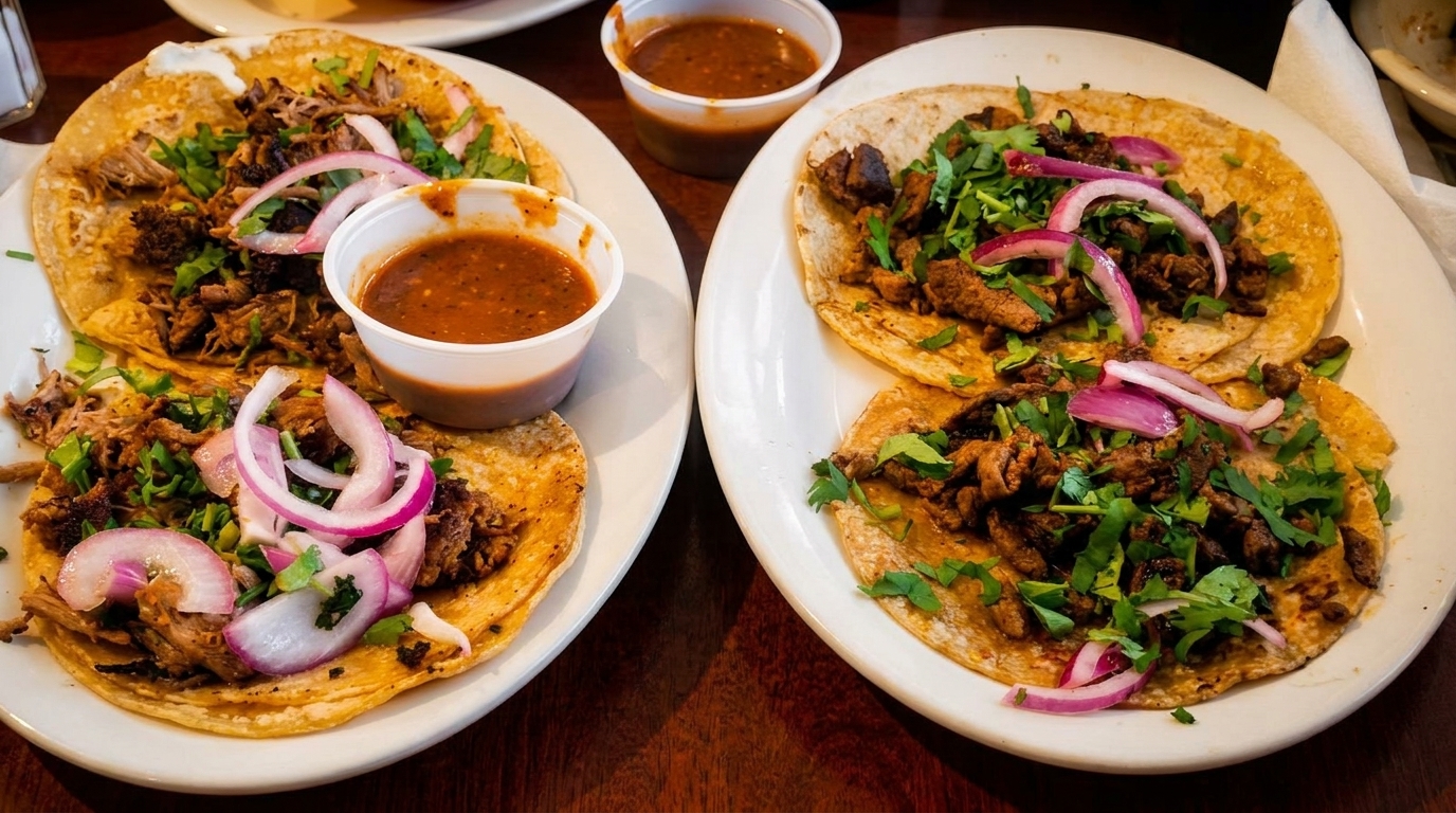 Two plates of tacos with meat, cilantro, and red onions, served with side sauces.