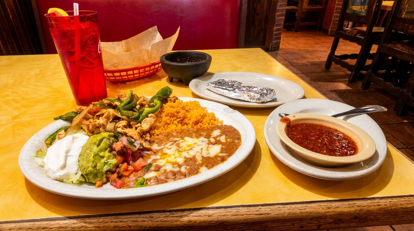 A vibrant Mexican fajita platter with rice, beans, guacamole, and salsa on a yellow table.