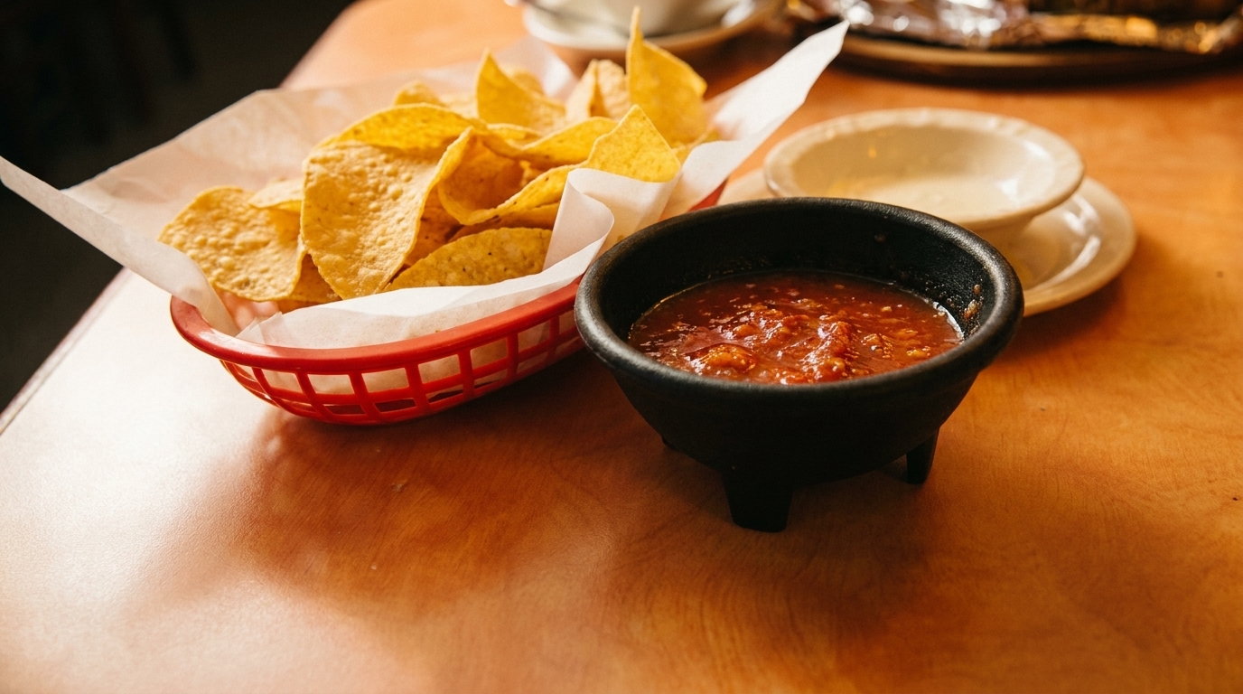 A red basket of tortilla chips and a black bowl of salsa on a wooden table.