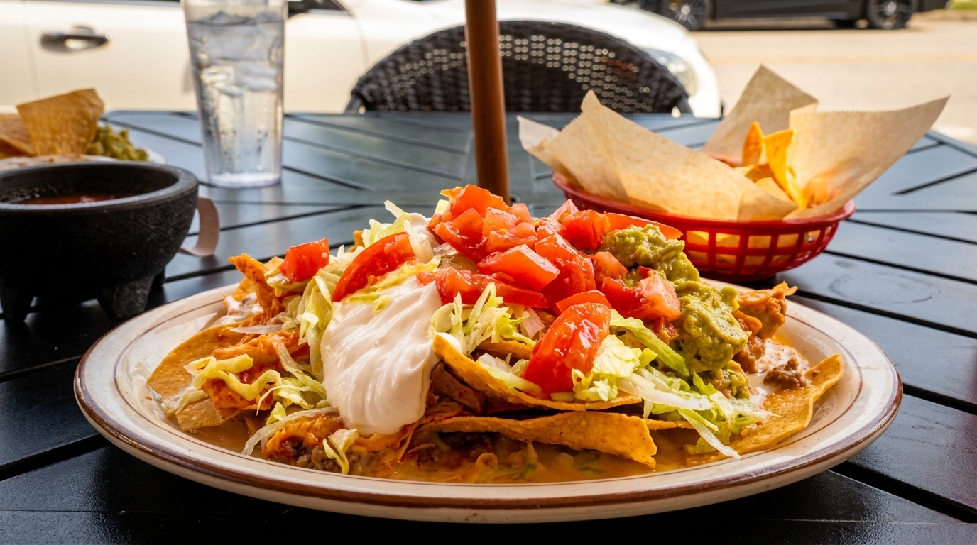 A plate of nachos with ground beef, lettuce, tomatoes, sour cream, and guacamole on a patio table.