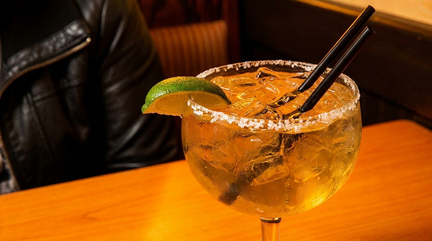 A large margarita with a salted rim, lime wedge, and two black straws on a wooden table.