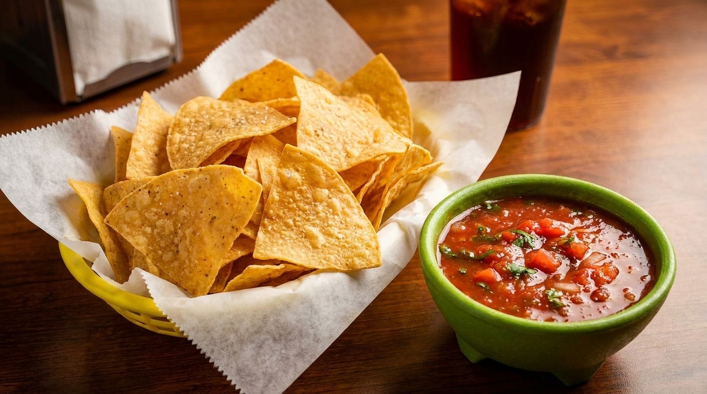 A yellow basket of tortilla chips and a green bowl of salsa on a wooden table.
