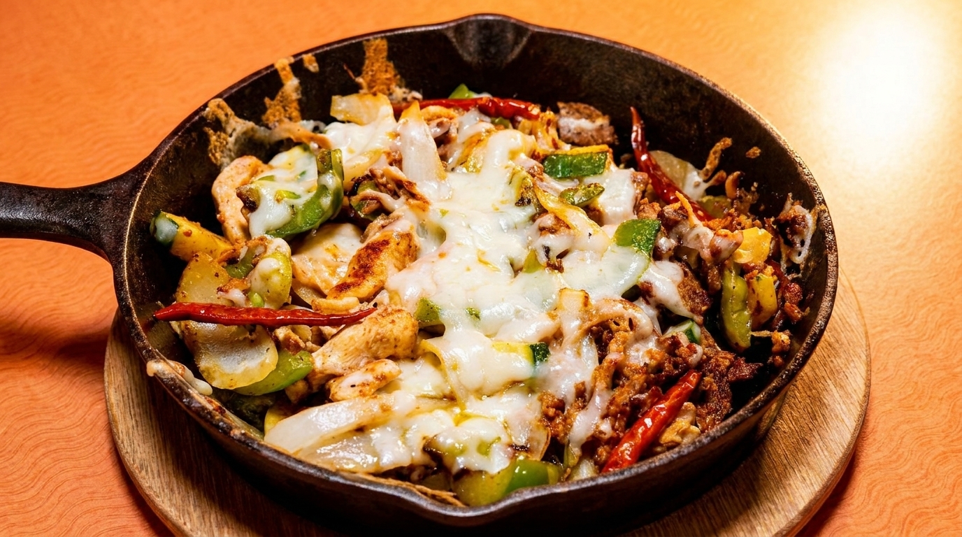 Sizzling fajitas with chicken, vegetables, and melted cheese in a cast iron skillet.