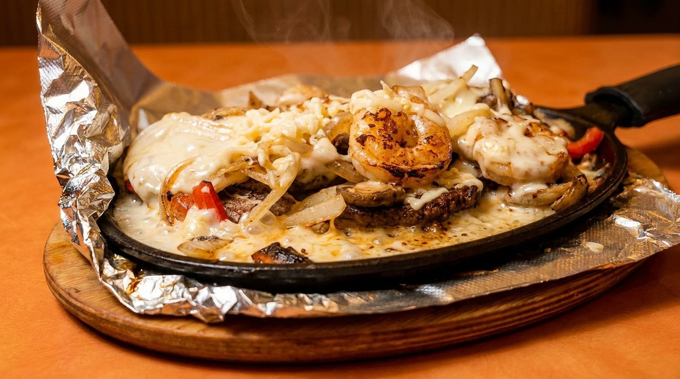 Sizzling fajitas with shrimp, steak, onions, peppers, and melted cheese in a cast iron skillet.