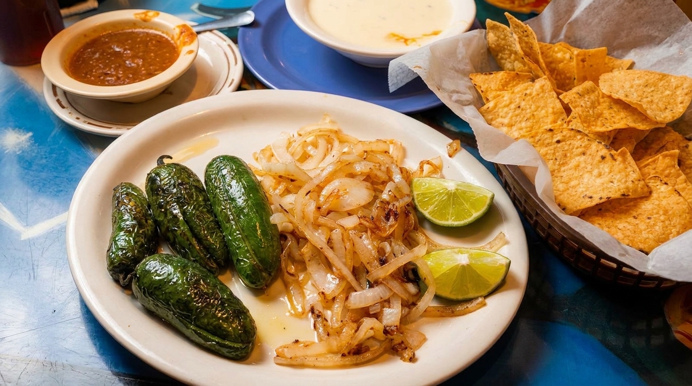 Grilled jalapeños, sautéed onions, lime wedges, salsa, queso, and tortilla chips on a blue table.