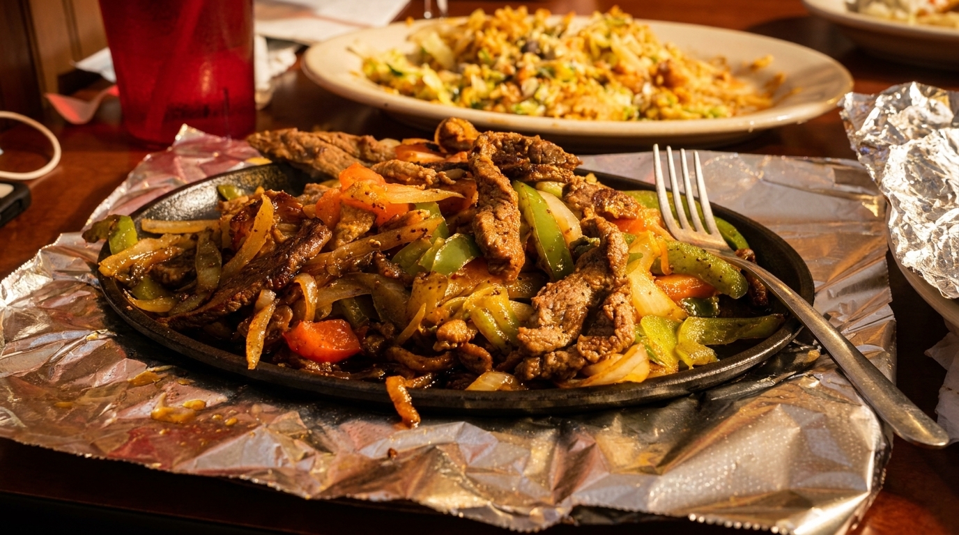 Sizzling beef fajitas with colorful bell peppers and onions on a cast iron skillet.