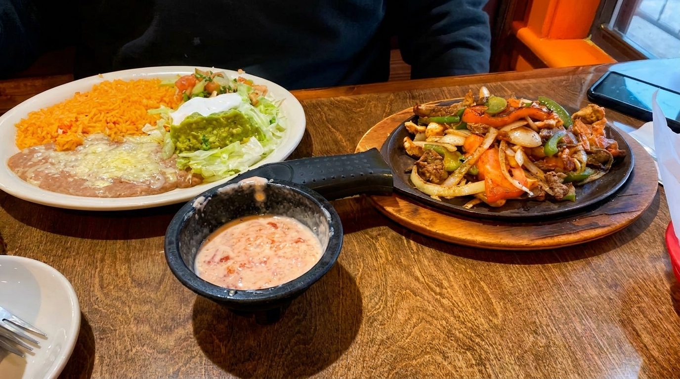 A sizzling plate of fajitas with a side of rice, beans, guacamole, and sour cream.