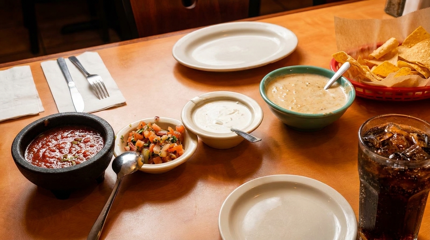 Table set with salsa, queso, pico de gallo, chips, a drink, and empty plates.