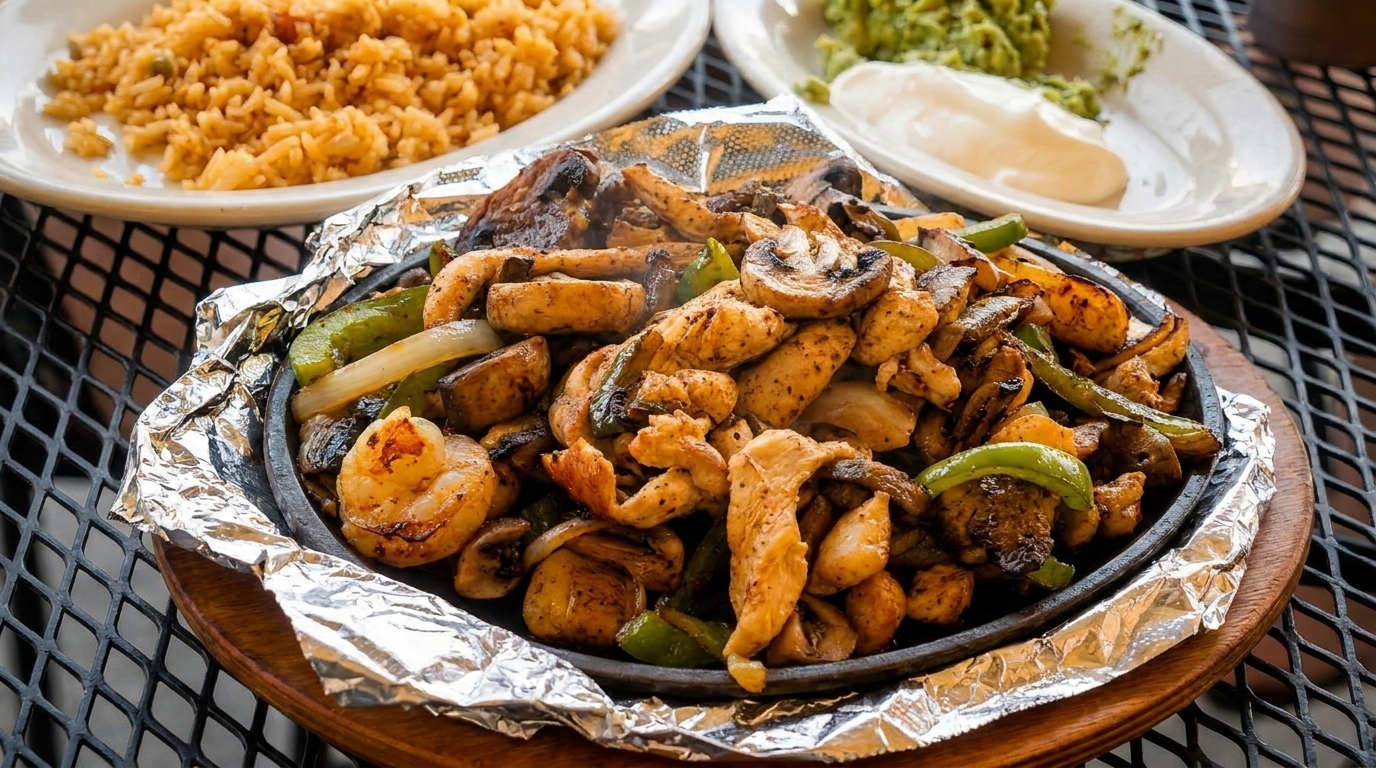Sizzling fajitas with chicken, shrimp, peppers, onions, and mushrooms, served with rice and guacamole.
