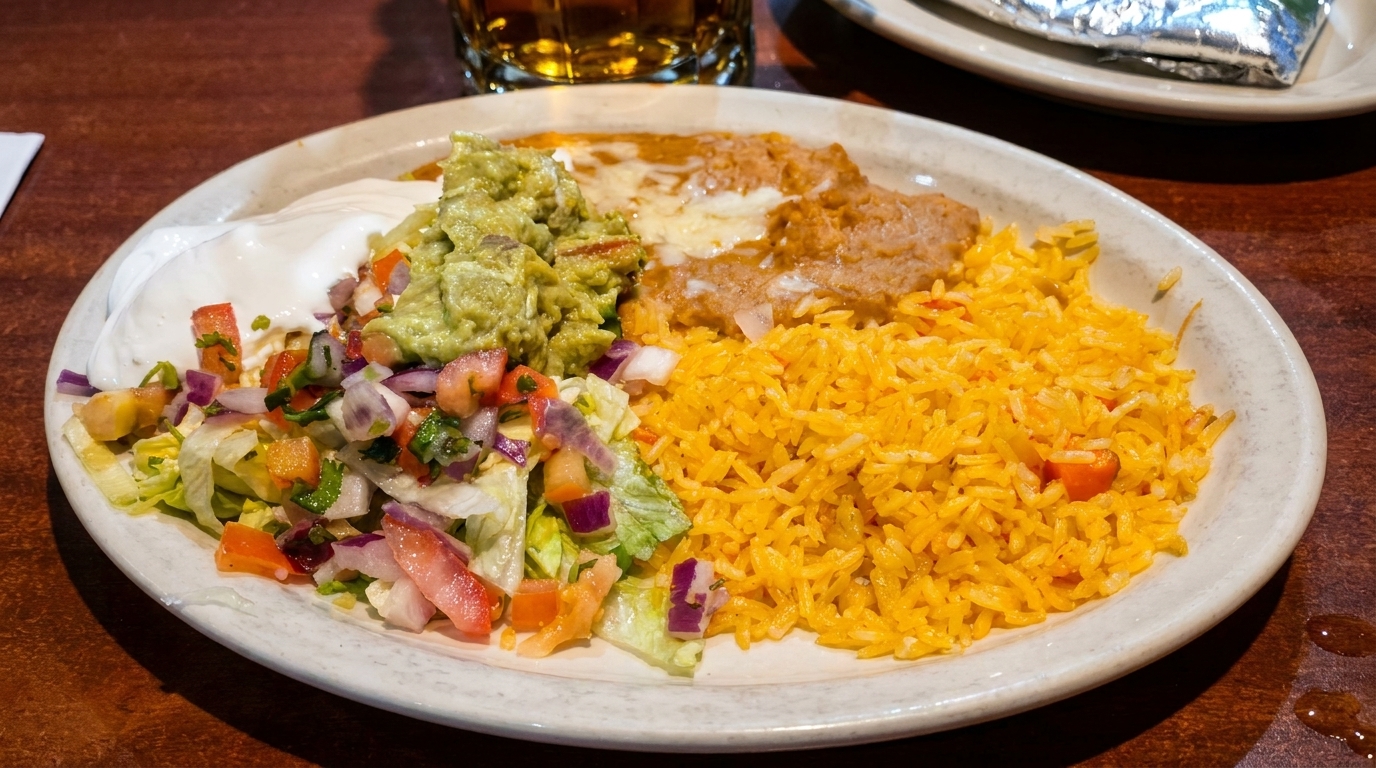 A Mexican combination plate with yellow rice, refried beans, guacamole, sour cream, and pico de gallo.