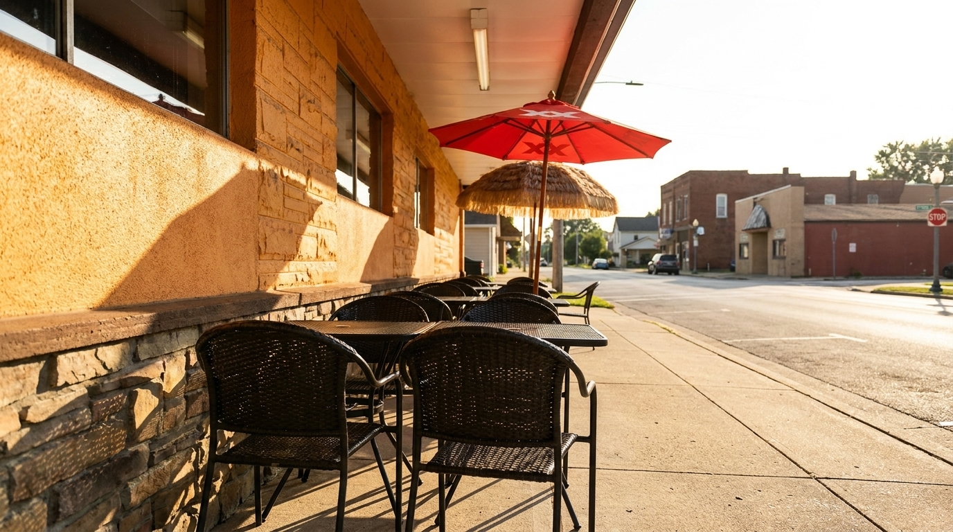 Outdoor patio seating with black tables and chairs under red and straw umbrellas on a sunny day.