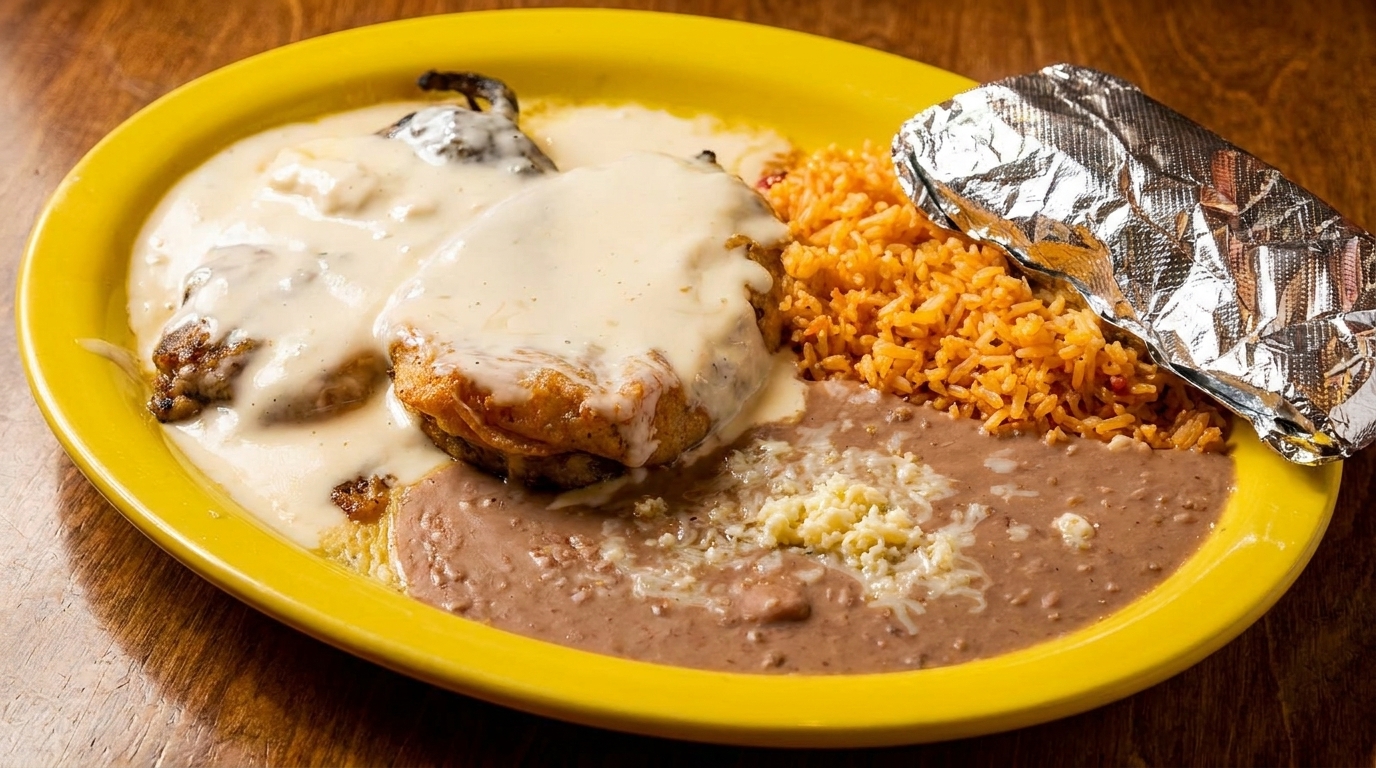 A yellow plate with a Mexican dish featuring chile rellenos, rice, beans, and a foil-wrapped item.