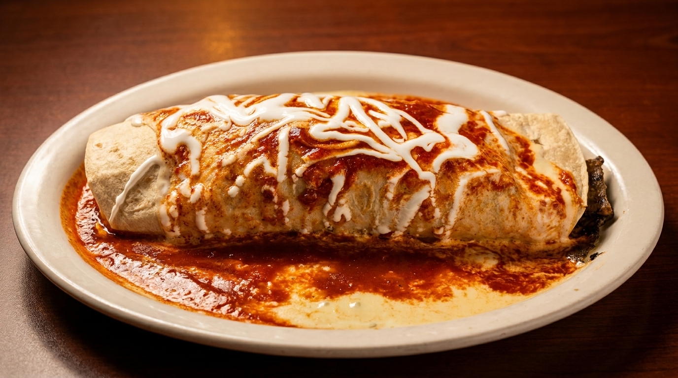 A large, saucy burrito covered in red and white sauces, served on a white plate.