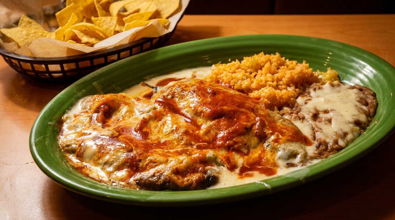 Chili relleno covered in red sauce and cheese, with rice, refried beans, and tortilla chips.