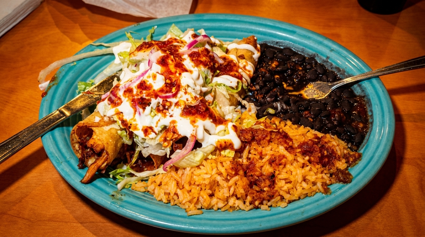 A vibrant blue plate holds taquitos topped with lettuce, sour cream, and red sauce, alongside rice and black beans.