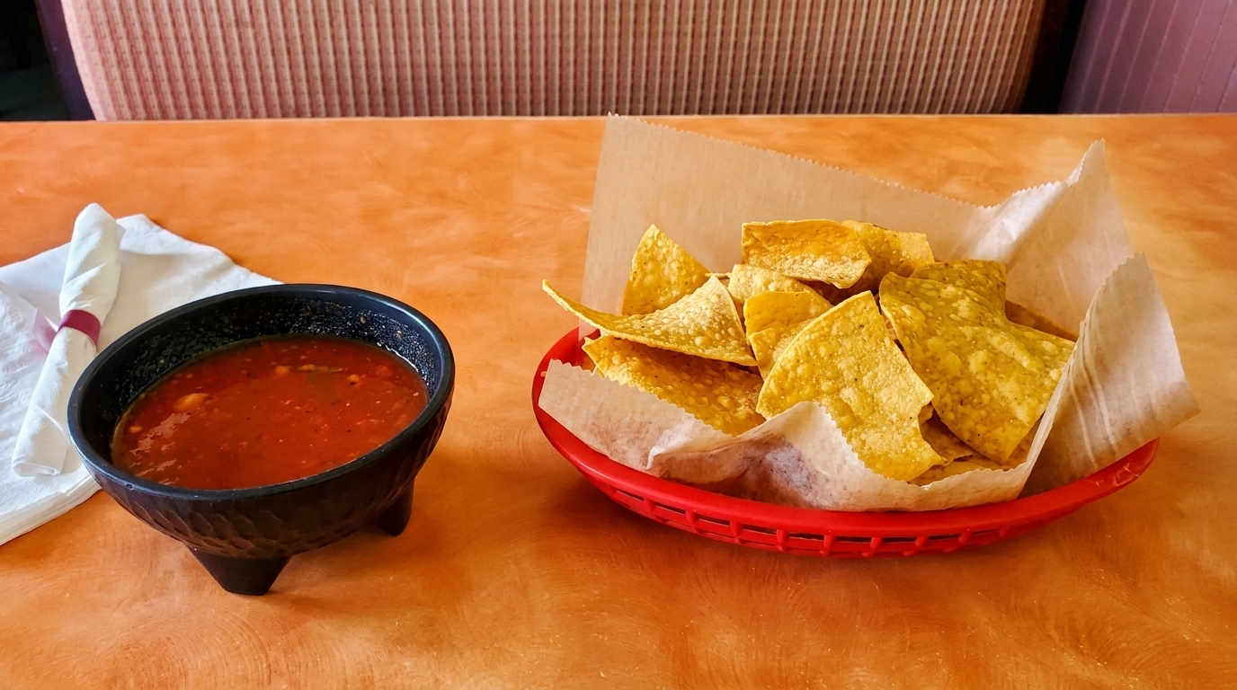 A black bowl of red salsa next to a red basket of tortilla chips on an orange table.