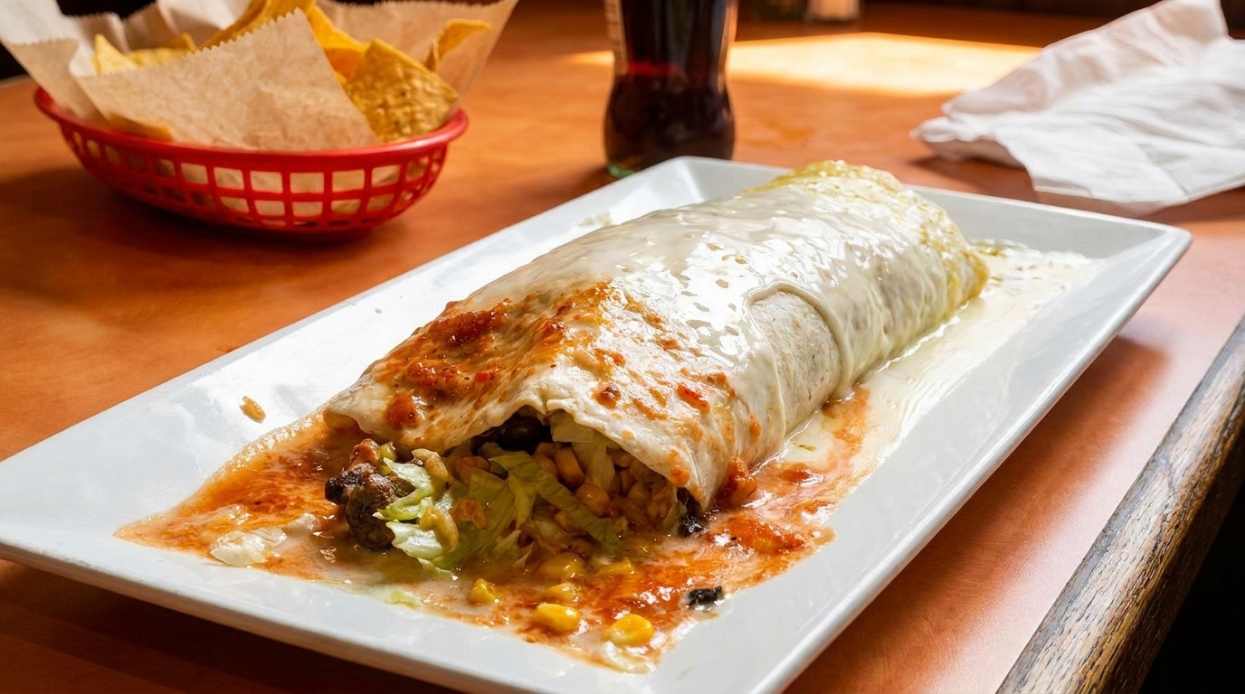 A large, saucy burrito on a white plate with tortilla chips and a drink in the background.