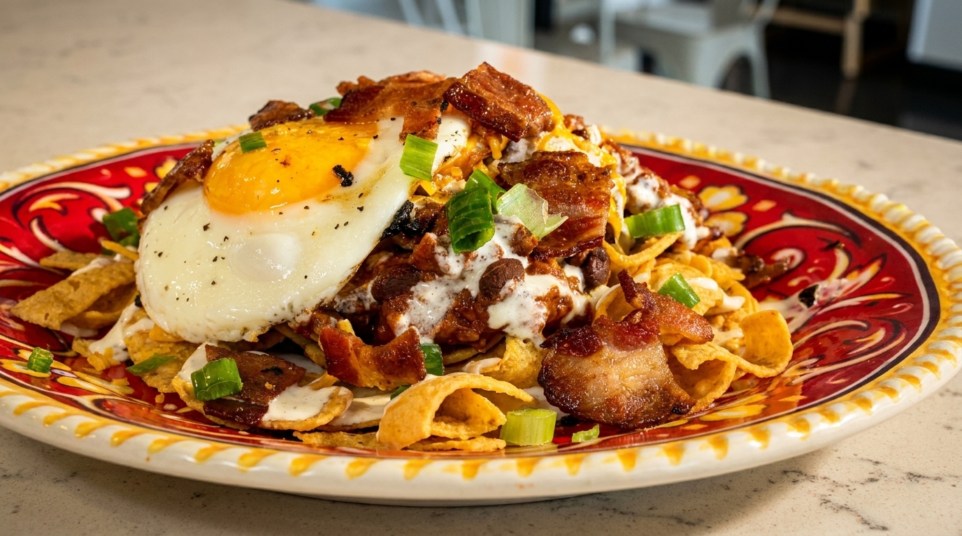 Breakfast nachos with a fried egg, bacon, chili, cheese, and green onions on a decorative plate.