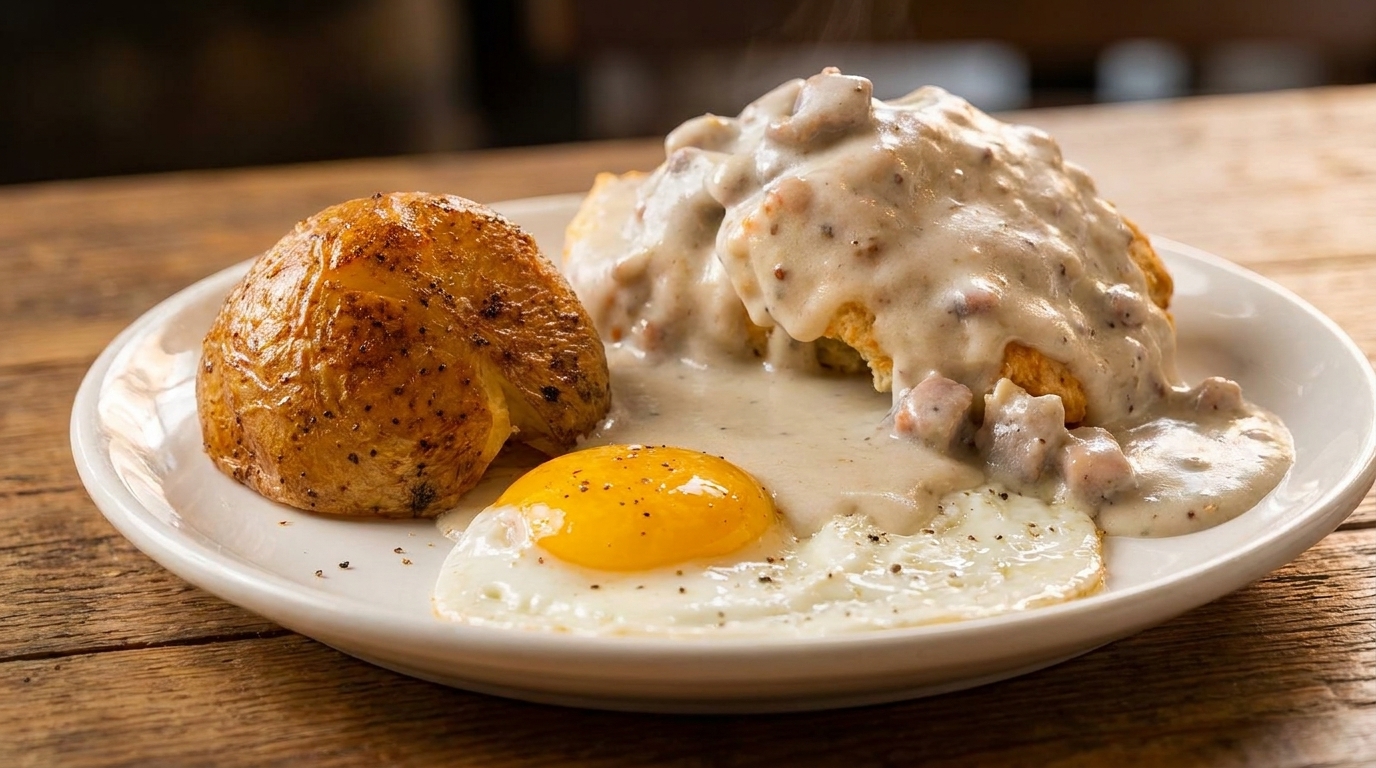 Biscuits and gravy with a side of roasted potato and a fried egg on a white plate.