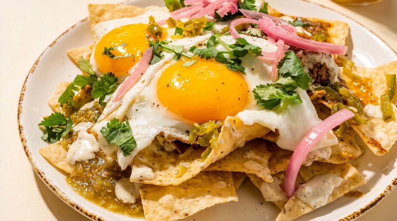 Chilaquiles with two sunny-side-up eggs, green salsa, pickled onions, and cilantro on a white plate.