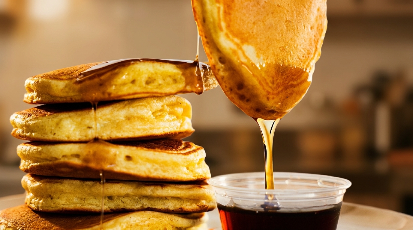 Maple syrup pouring over a stack of golden pancakes, with a cup of syrup nearby.