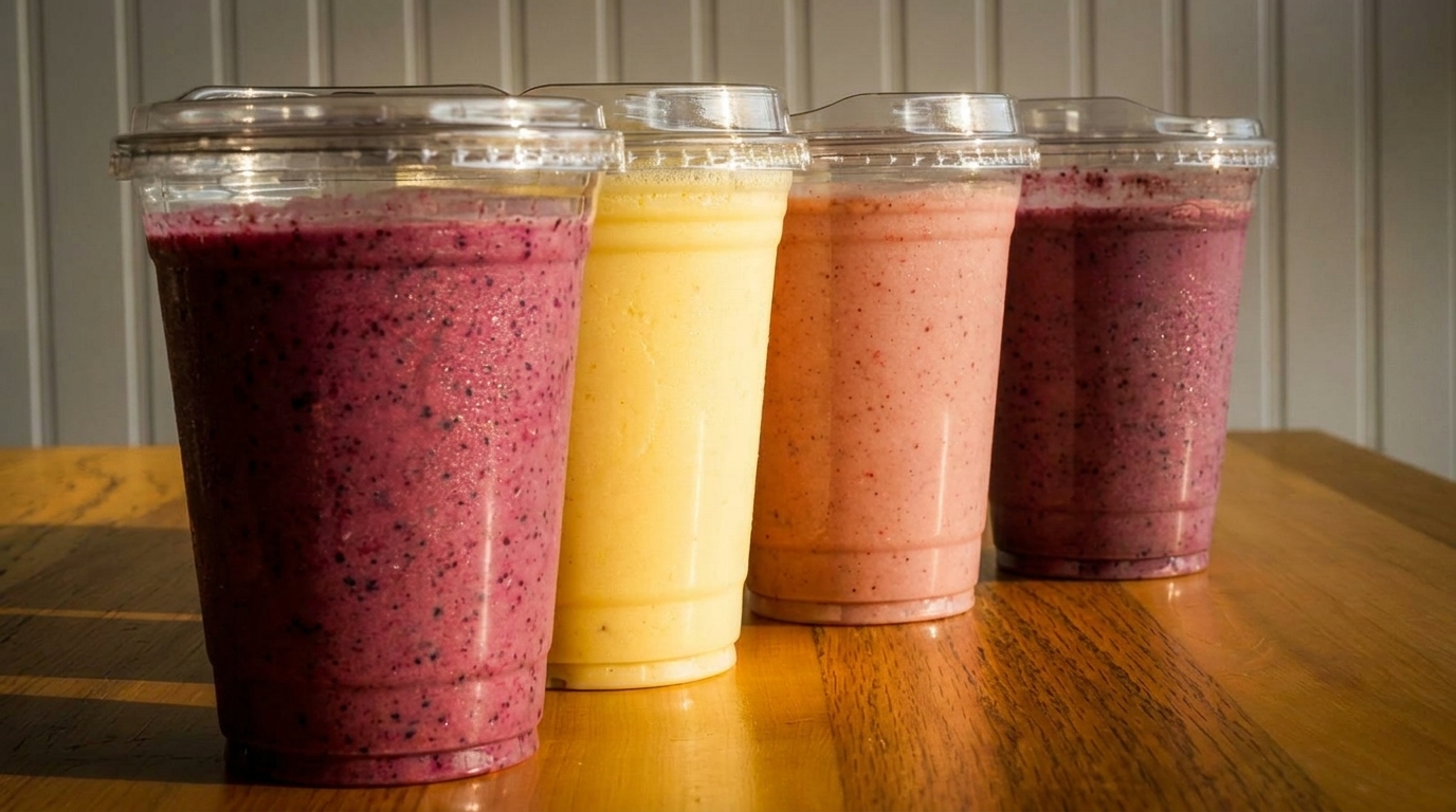 Four colorful smoothies in clear plastic cups, including berry, yellow, and pink varieties, on a wooden table.