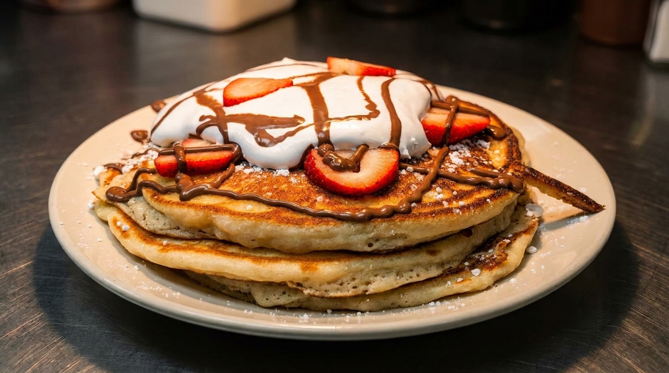 Stack of pancakes topped with whipped cream, sliced strawberries, and chocolate drizzle on a plate.